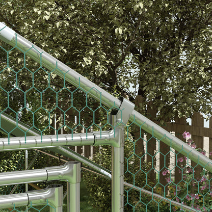 Chicken Coop Free-Range Enclosure made of Steel, 3 x 4 x 1.95 m Chicken Cage with UV-Resistant Cover, Feed Door, Hanging Feeder, Perch, Chicken Enclosure for 12-18 Chickens, Small Animals, Silver