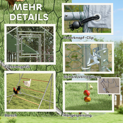 Chicken Coop Free-Range Enclosure made of Steel, 3 x 4 x 1.95 m Chicken Cage with UV-Resistant Cover, Feed Door, Hanging Feeder, Perch, Chicken Enclosure for 12-18 Chickens, Small Animals, Silver