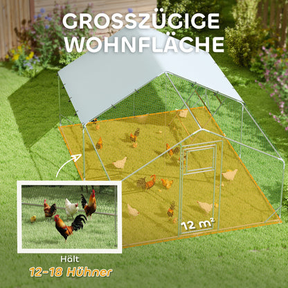 Chicken Coop Free-Range Enclosure made of Steel, 3 x 4 x 1.95 m Chicken Cage with UV-Resistant Cover, Feed Door, Hanging Feeder, Perch, Chicken Enclosure for 12-18 Chickens, Small Animals, Silver