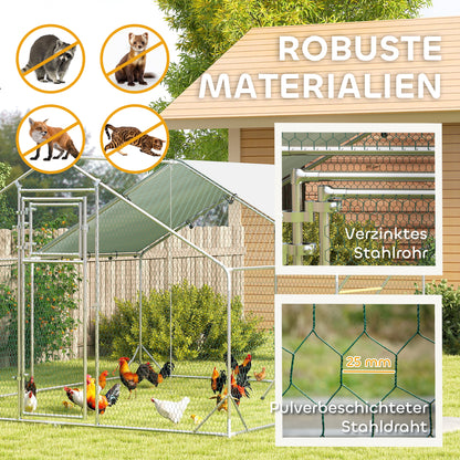 Chicken Coop Free-Range Enclosure made of Steel, 3 x 4 x 1.95 m Chicken Cage with UV-Resistant Cover, Feed Door, Hanging Feeder, Perch, Chicken Enclosure for 12-18 Chickens, Small Animals, Silver