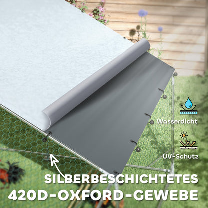 Chicken Coop Free-Range Enclosure made of Steel, 3 x 4 x 1.95 m Chicken Cage with UV-Resistant Cover, Feed Door, Hanging Feeder, Perch, Chicken Enclosure for 12-18 Chickens, Small Animals, Silver