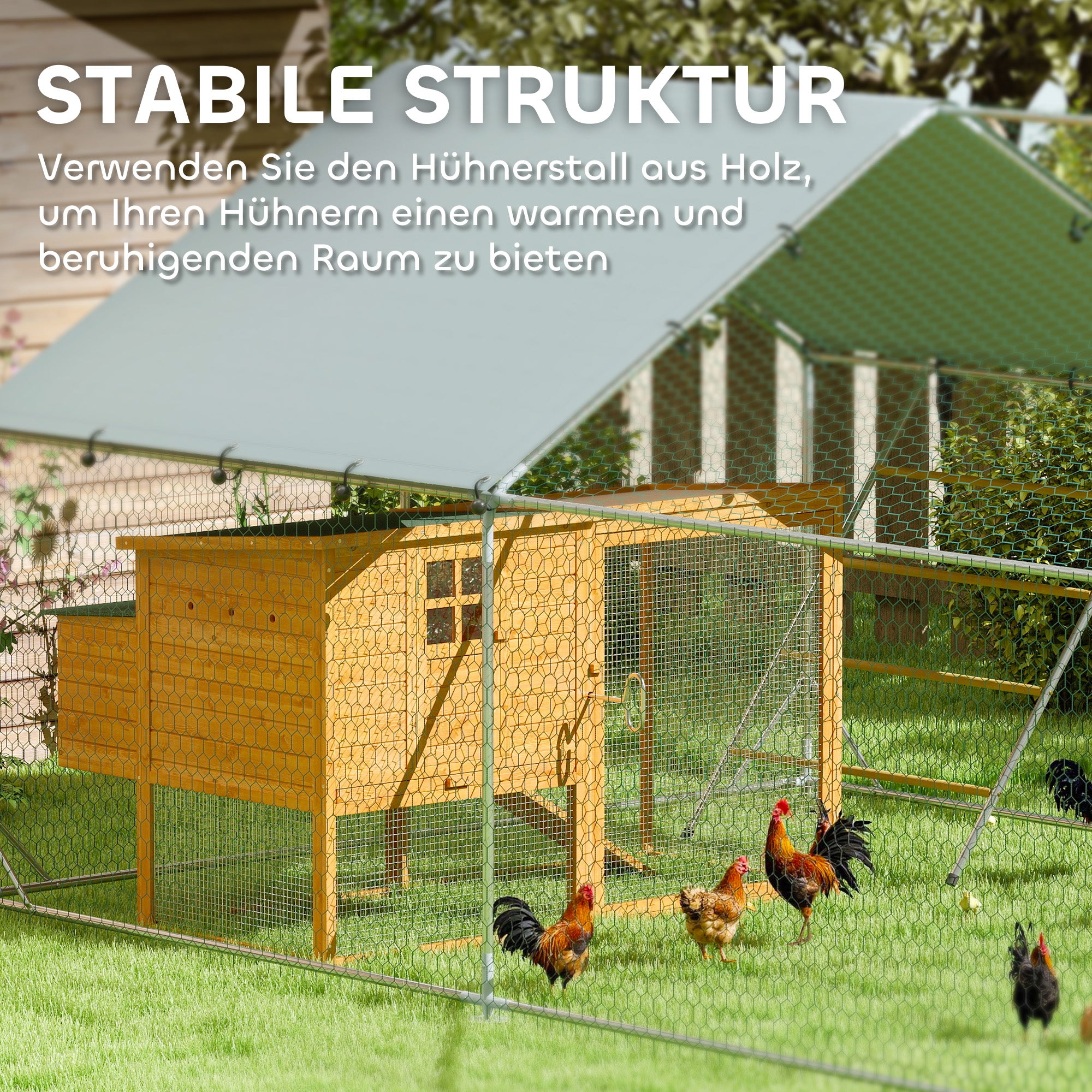 Chicken Coop Free-Range Enclosure made of Steel, 3 x 4 x 1.95 m Chicken Cage with UV-Resistant Cover, Feed Door, Hanging Feeder, Perch, Chicken Enclosure for 12-18 Chickens, Small Animals, Silver