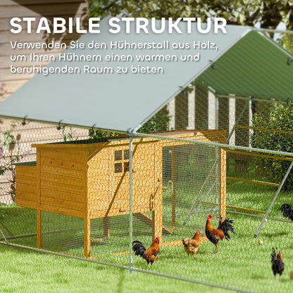 Chicken Coop Free-Range Enclosure made of Steel, 3 x 4 x 1.95 m Chicken Cage with UV-Resistant Cover, Feed Door, Hanging Feeder, Perch, Chicken Enclosure for 12-18 Chickens, Small Animals, Silver