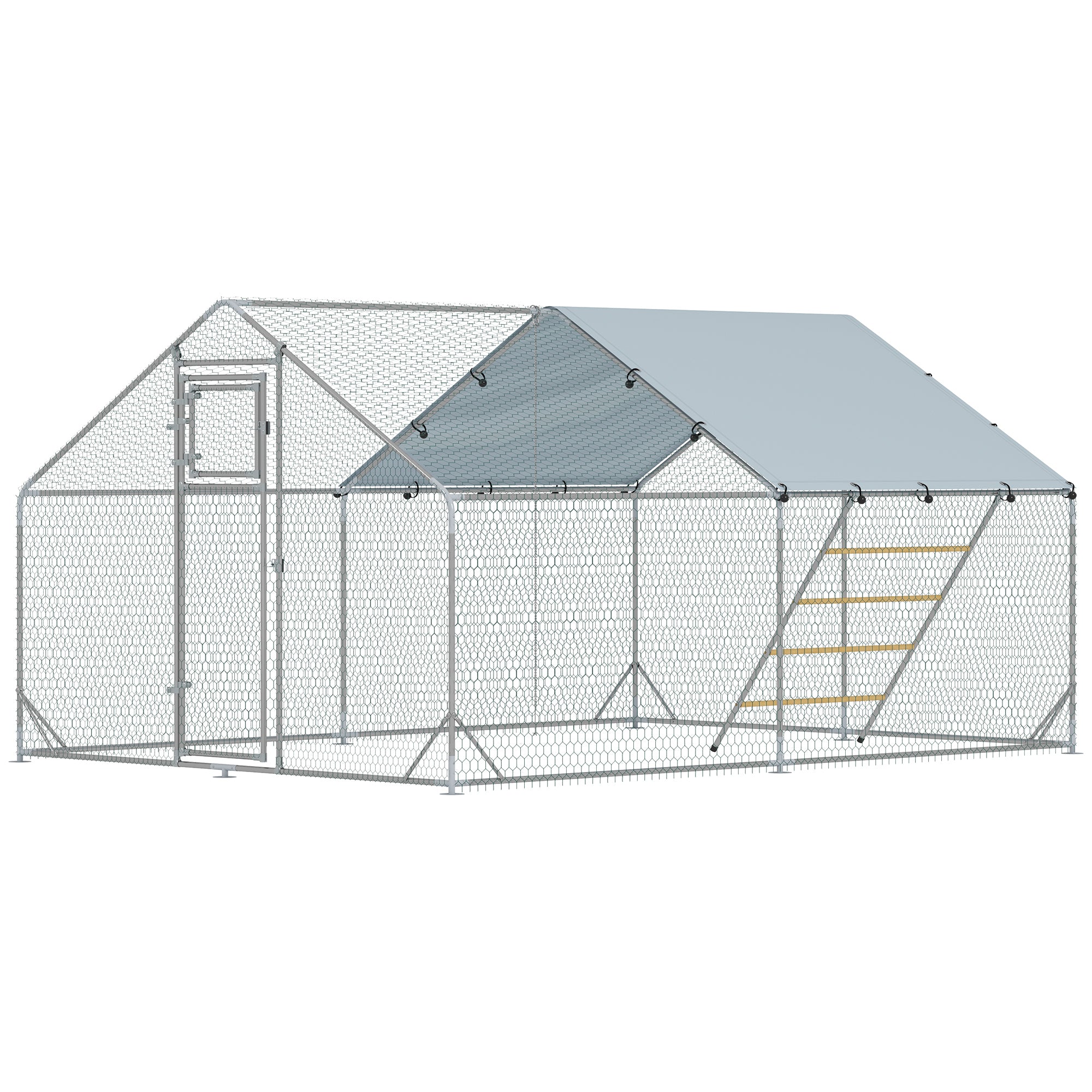 Chicken Coop Free-Range Enclosure made of Steel, 3 x 4 x 1.95 m Chicken Cage with UV-Resistant Cover, Feed Door, Hanging Feeder, Perch, Chicken Enclosure for 12-18 Chickens, Small Animals, Silver
