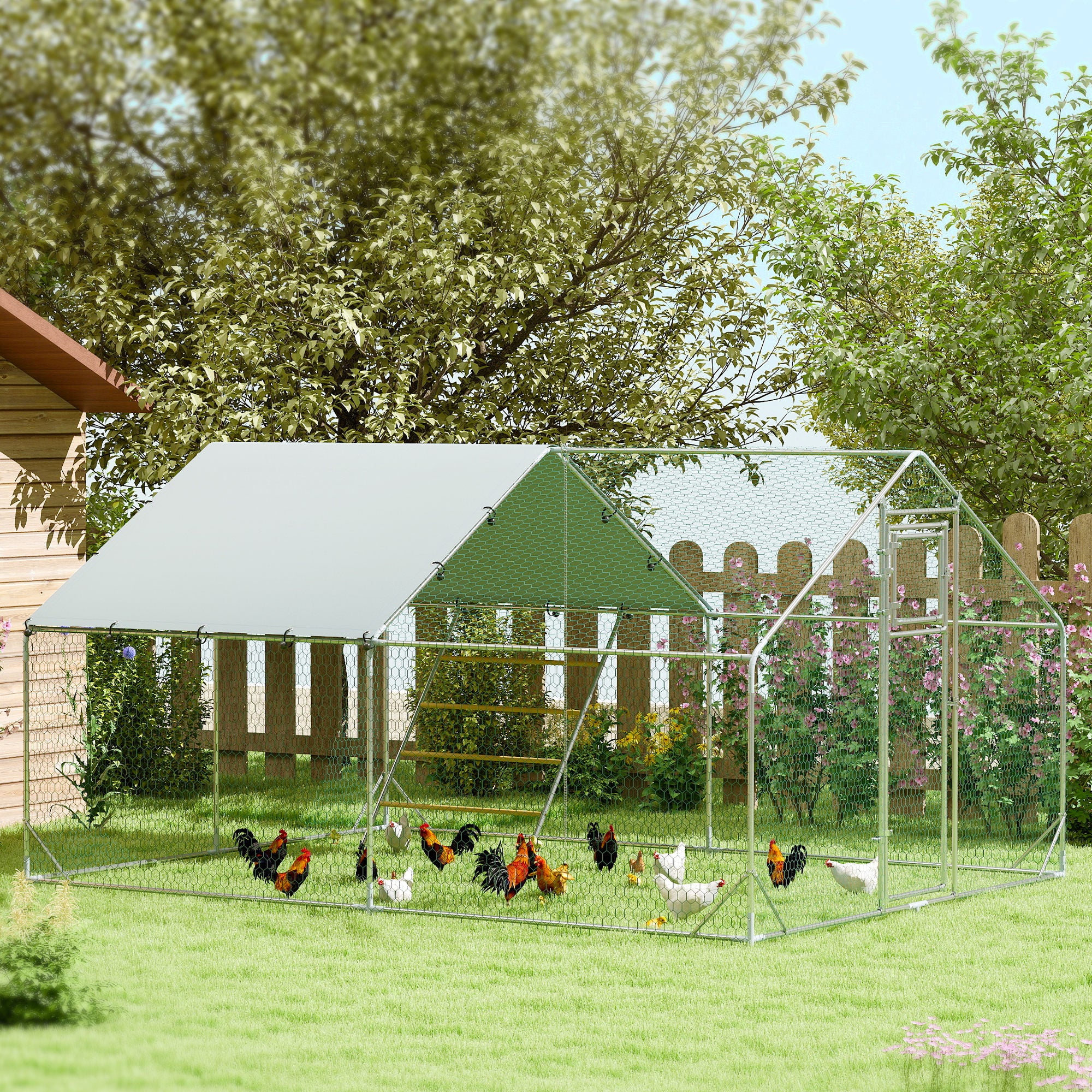 Chicken Coop Free-Range Enclosure made of Steel, 3 x 4 x 1.95 m Chicken Cage with UV-Resistant Cover, Feed Door, Hanging Feeder, Perch, Chicken Enclosure for 12-18 Chickens, Small Animals, Silver