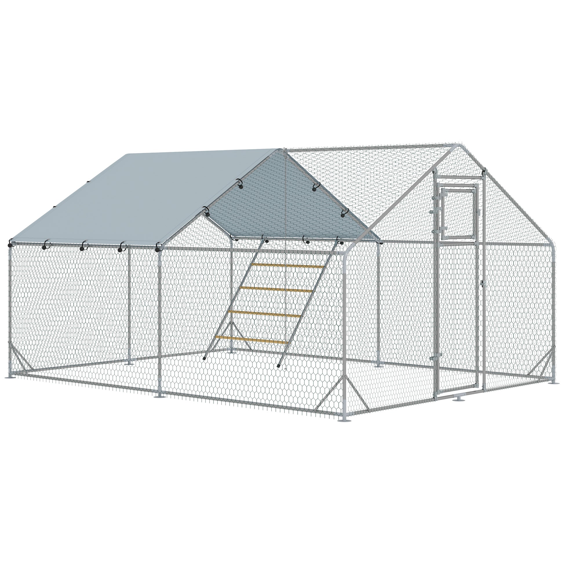 Chicken Coop Free-Range Enclosure made of Steel, 3 x 4 x 1.95 m Chicken Cage with UV-Resistant Cover, Feed Door, Hanging Feeder, Perch, Chicken Enclosure for 12-18 Chickens, Small Animals, Silver