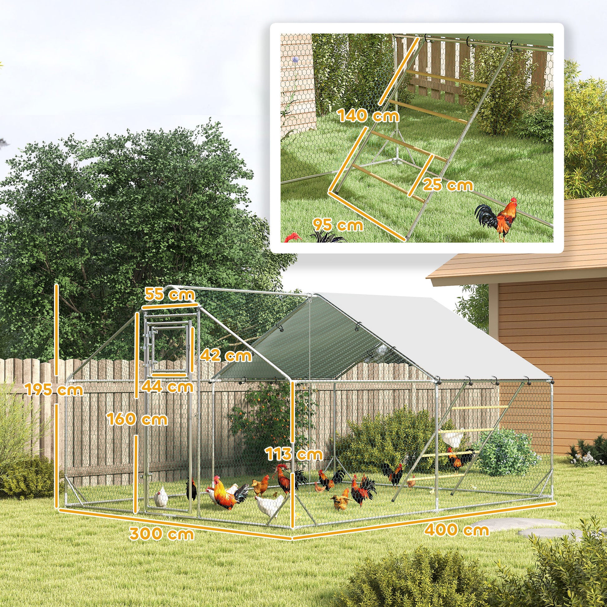 Chicken Coop Free-Range Enclosure made of Steel, 3 x 4 x 1.95 m Chicken Cage with UV-Resistant Cover, Feed Door, Hanging Feeder, Perch, Chicken Enclosure for 12-18 Chickens, Small Animals, Silver