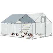 Chicken Coop Free-Range Enclosure made of Steel, 3 x 4 x 1.95 m Chicken Cage with UV-Resistant Cover, Feed Door, Hanging Feeder, Perch, Chicken Enclosure for 12-18 Chickens, Small Animals, Silver