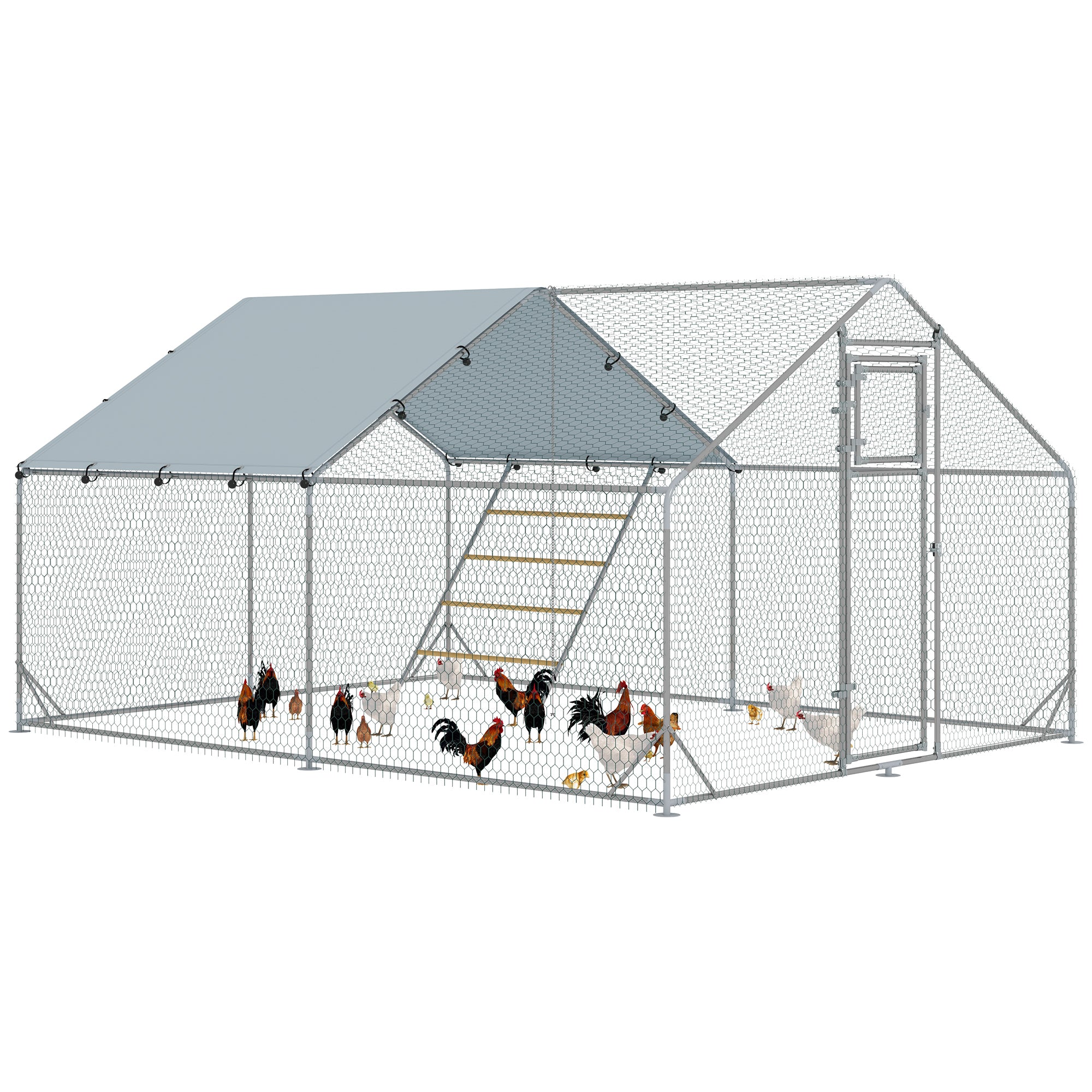 Chicken Coop Free-Range Enclosure made of Steel, 3 x 4 x 1.95 m Chicken Cage with UV-Resistant Cover, Feed Door, Hanging Feeder, Perch, Chicken Enclosure for 12-18 Chickens, Small Animals, Silver