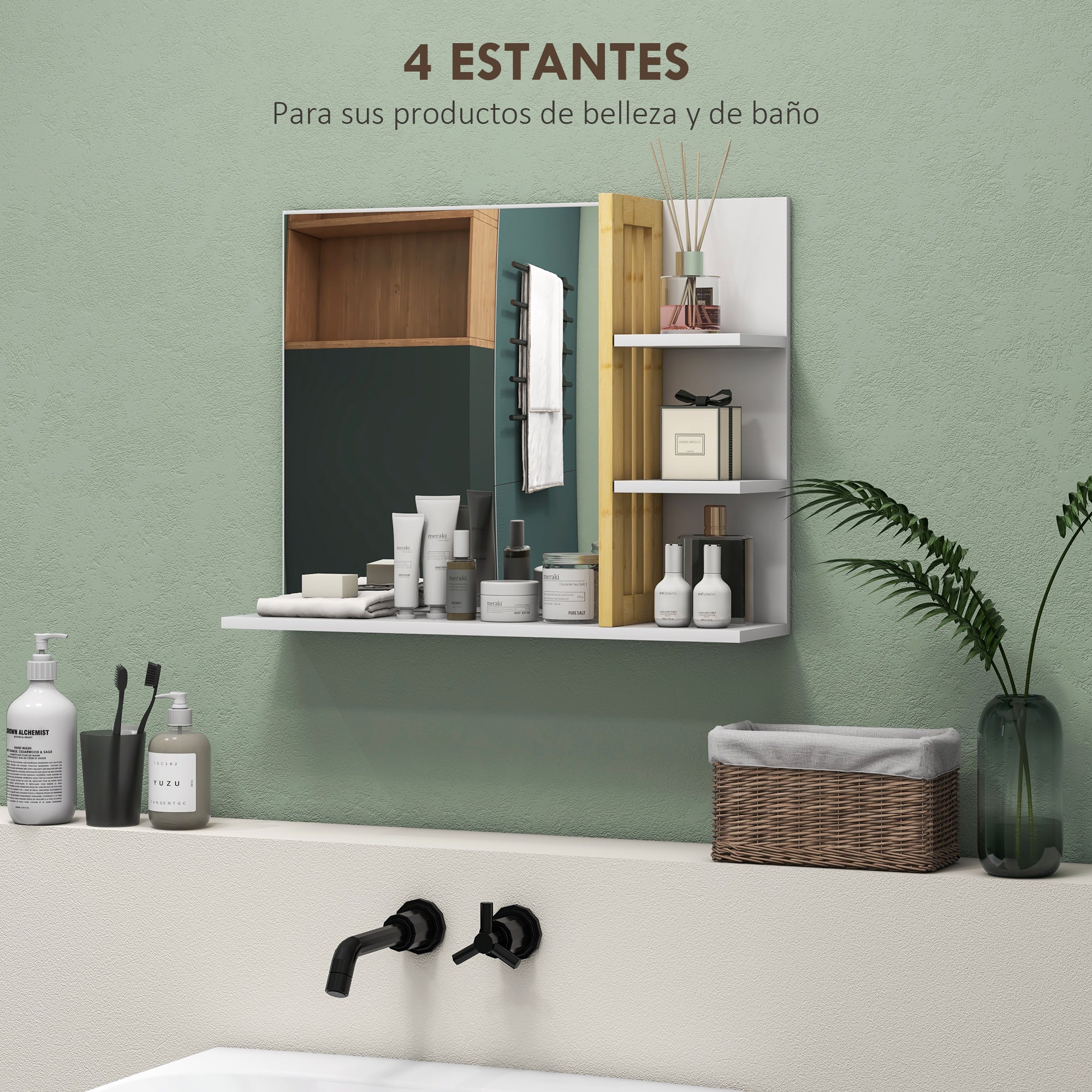 Modern Bathroom Mirror Rectangular Wall Mirror with 4 Storage Shelves for Makeup Dressing Room 45x15x58.5 cm White