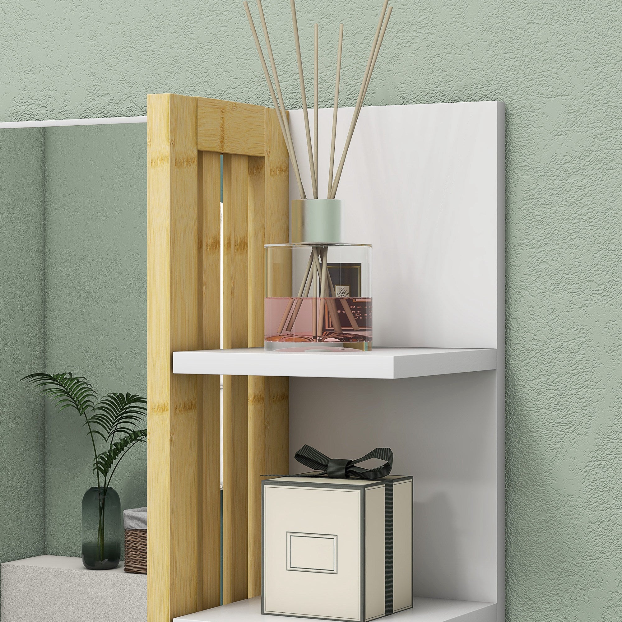 Modern Bathroom Mirror Rectangular Wall Mirror with 4 Storage Shelves for Makeup Dressing Room 45x15x58.5 cm White