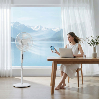 18" Smart Pedestal Fan — App & Remote, 3 Speeds/3 Modes, Adjustable 46.5–54.3 in Height, 15H Timer, Oscillating, White