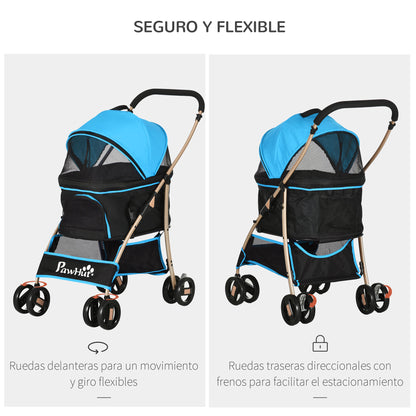 3-in-1 Foldable Pet Stroller for Small Dogs with Detachable Wagon Storage Basket Safety Straps and Cushion Load 15 kg Blue