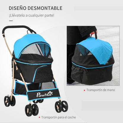 3-in-1 Foldable Pet Stroller for Small Dogs with Detachable Wagon Storage Basket Safety Straps and Cushion Load 15 kg Blue