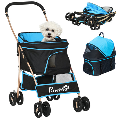 3-in-1 Foldable Pet Stroller for Small Dogs with Detachable Wagon Storage Basket Safety Straps and Cushion Load 15 kg Blue