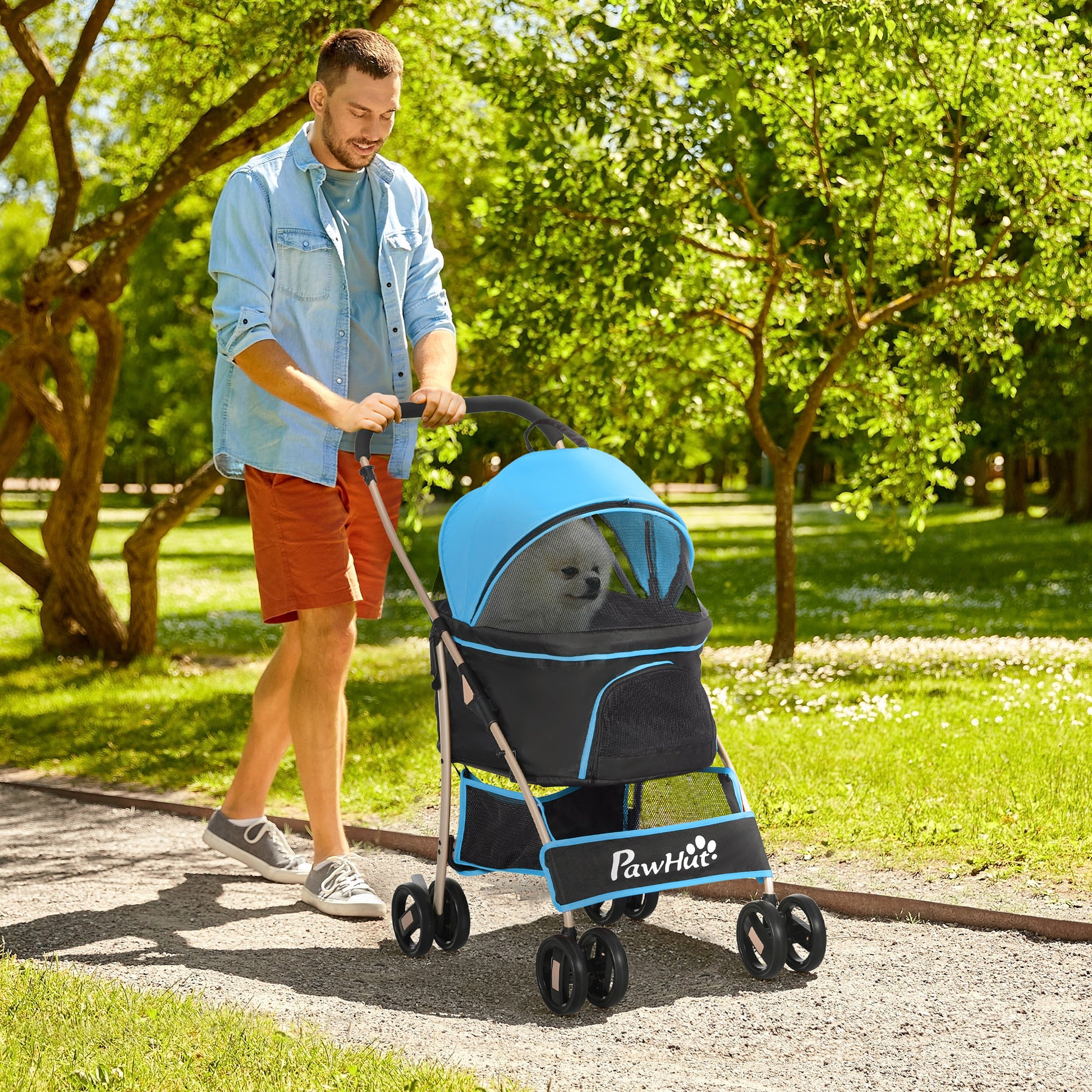 3-in-1 Foldable Pet Stroller for Small Dogs with Detachable Wagon Storage Basket Safety Straps and Cushion Load 15 kg Blue