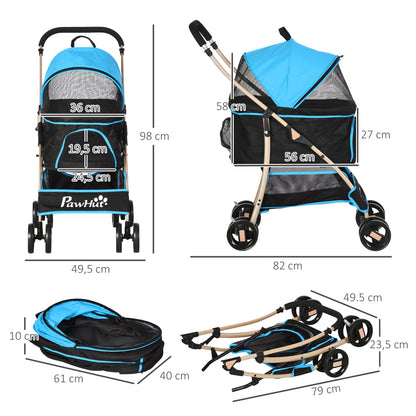 3-in-1 Foldable Pet Stroller for Small Dogs with Detachable Wagon Storage Basket Safety Straps and Cushion Load 15 kg Blue