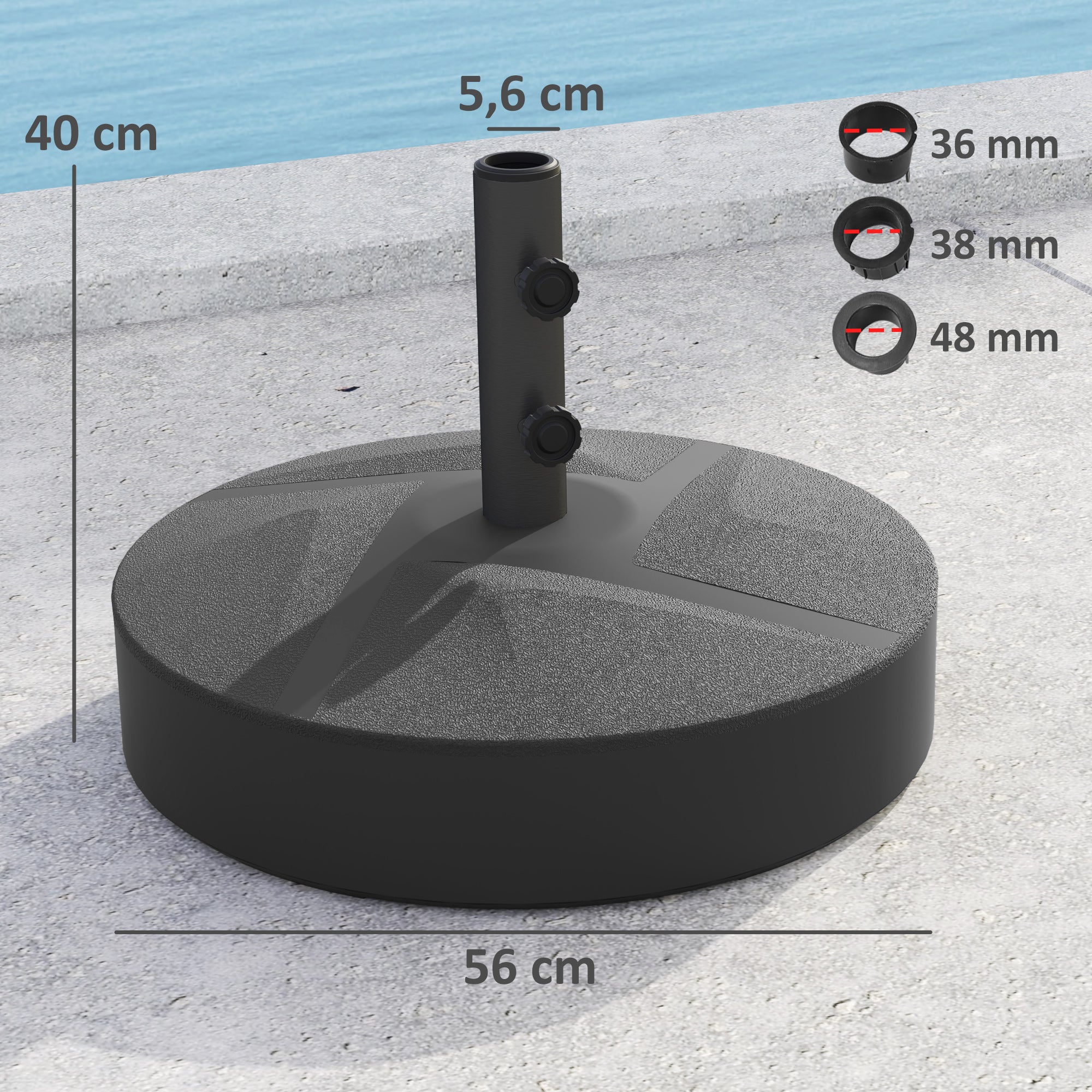 Umbrella Stand up to 30 kg fillable Umbrella Stand Round Umbrella Holder, Umbrella Weight, Stand for Umbrella 36/38/48mm Pole Diameter, for Balcony, Terrace, Garden, Black