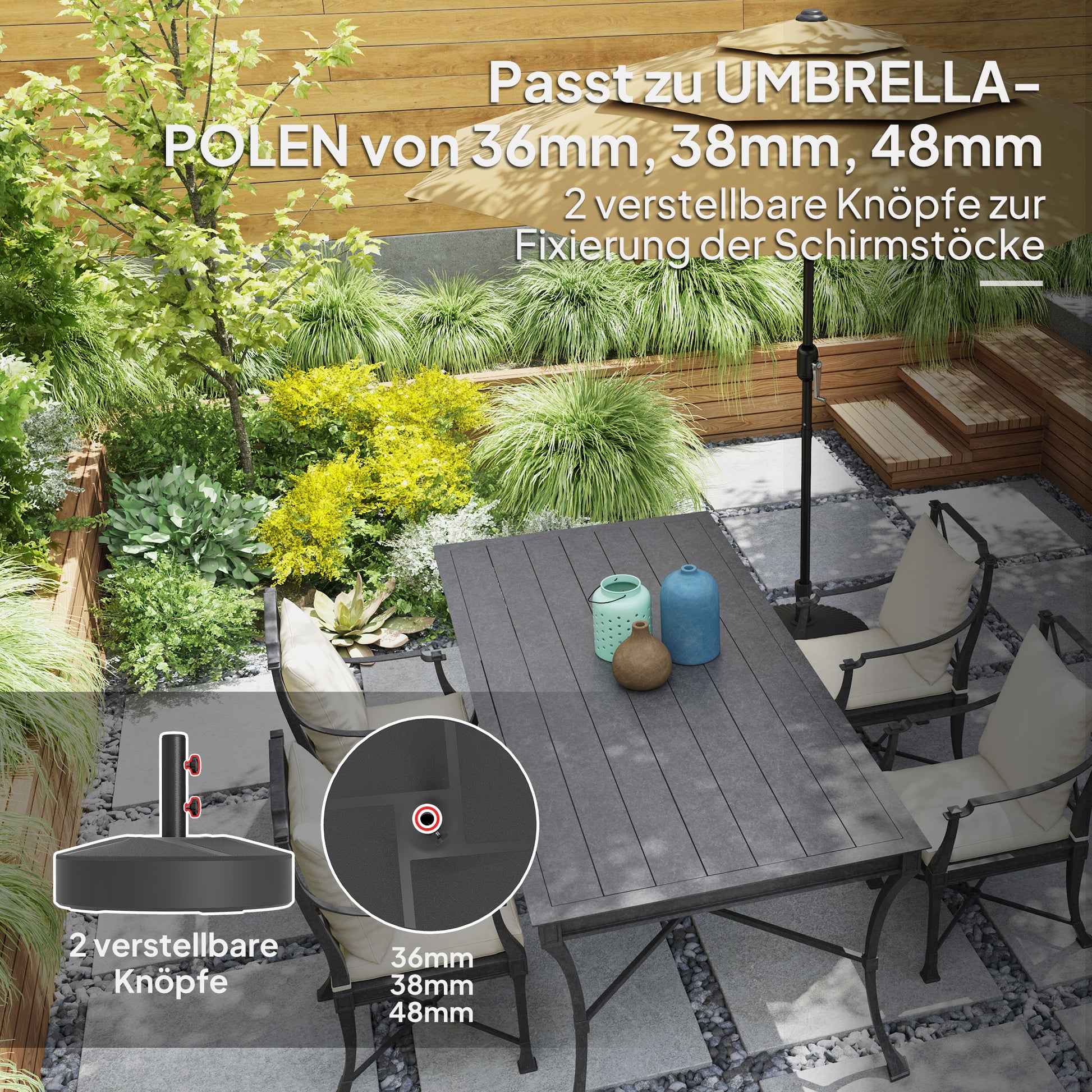 Umbrella Stand up to 30 kg fillable Umbrella Stand Round Umbrella Holder, Umbrella Weight, Stand for Umbrella 36/38/48mm Pole Diameter, for Balcony, Terrace, Garden, Black