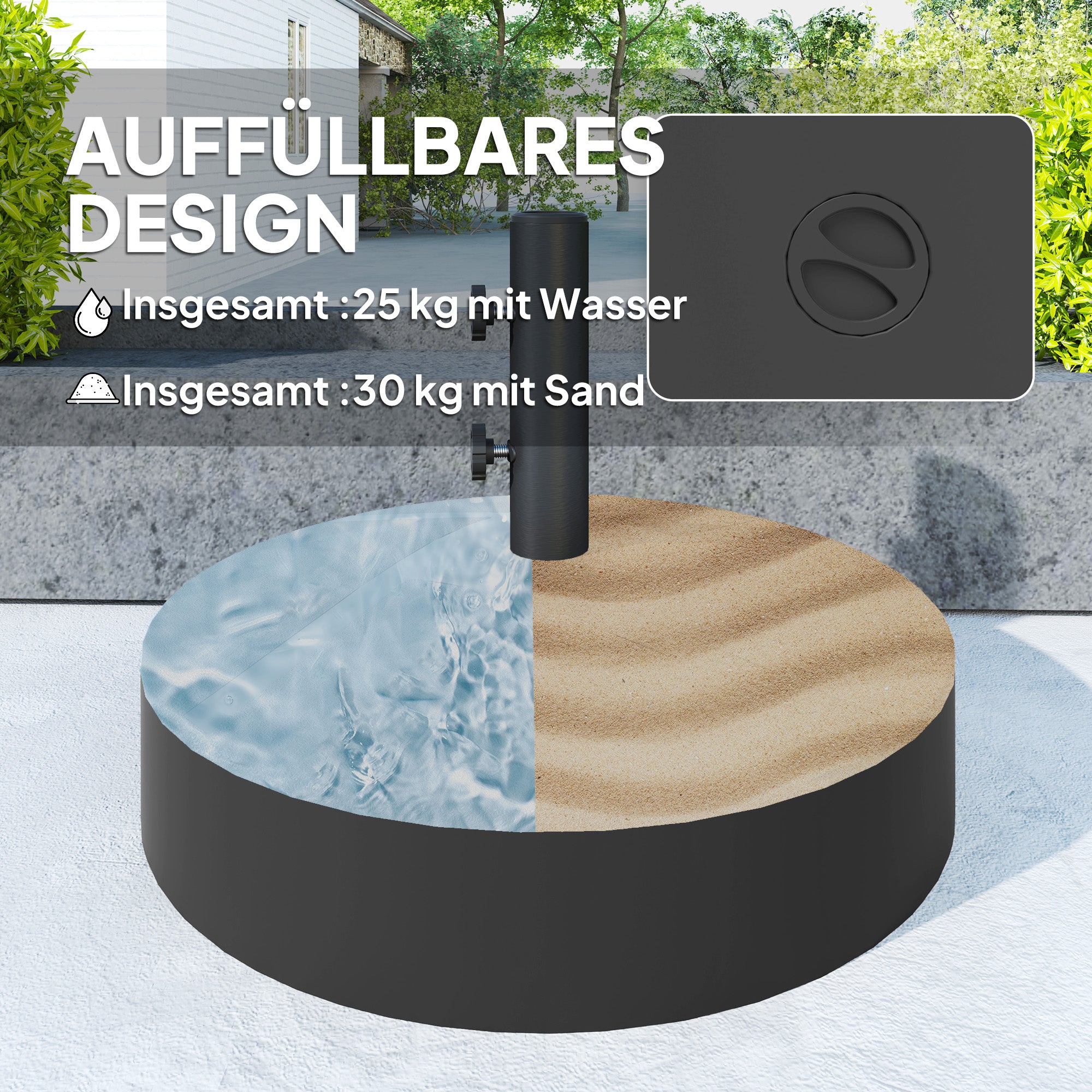 Umbrella Stand up to 30 kg fillable Umbrella Stand Round Umbrella Holder, Umbrella Weight, Stand for Umbrella 36/38/48mm Pole Diameter, for Balcony, Terrace, Garden, Black