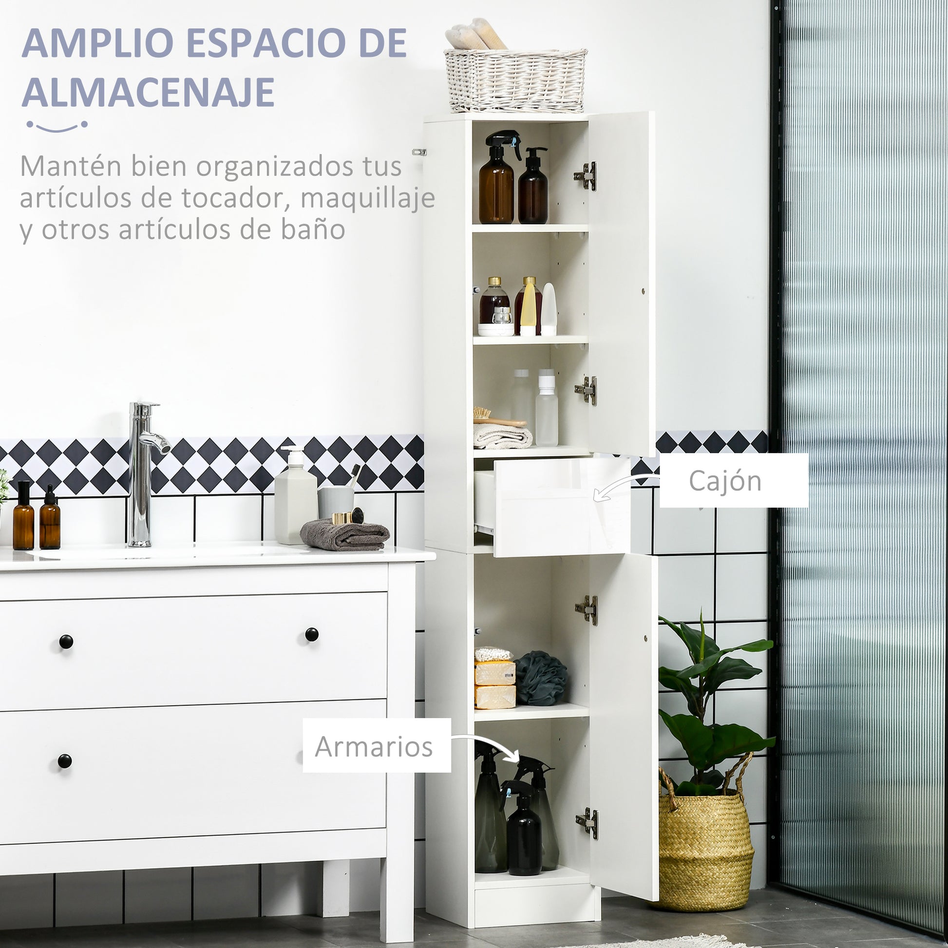 High Bathroom Cabinet with 1 Drawer and 5 Open Shelves Bathroom Auxiliary Column for Living Room Bathroom Bedroom Modern Style 30x28x170 cm White Gloss