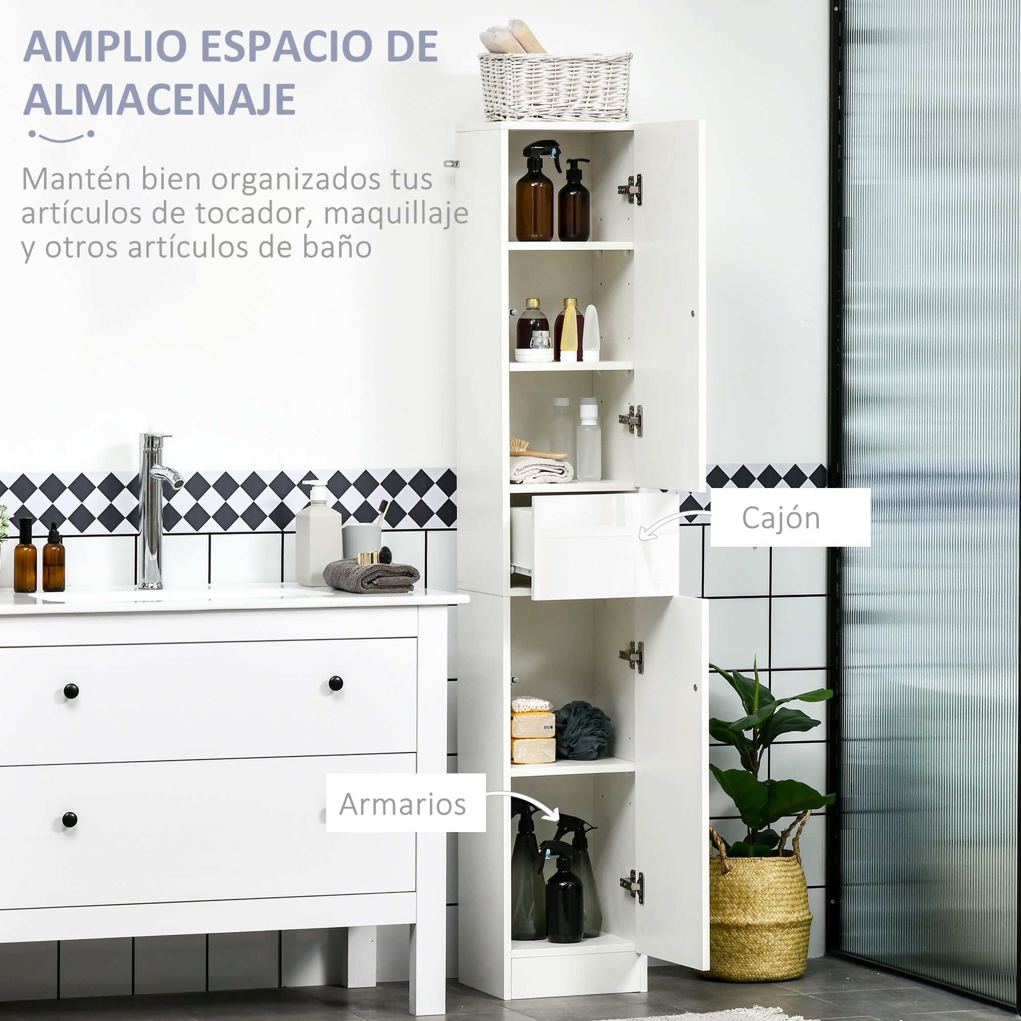 High Bathroom Cabinet with 1 Drawer and 5 Open Shelves Bathroom Auxiliary Column for Living Room Bathroom Bedroom Modern Style 30x28x170 cm White Gloss