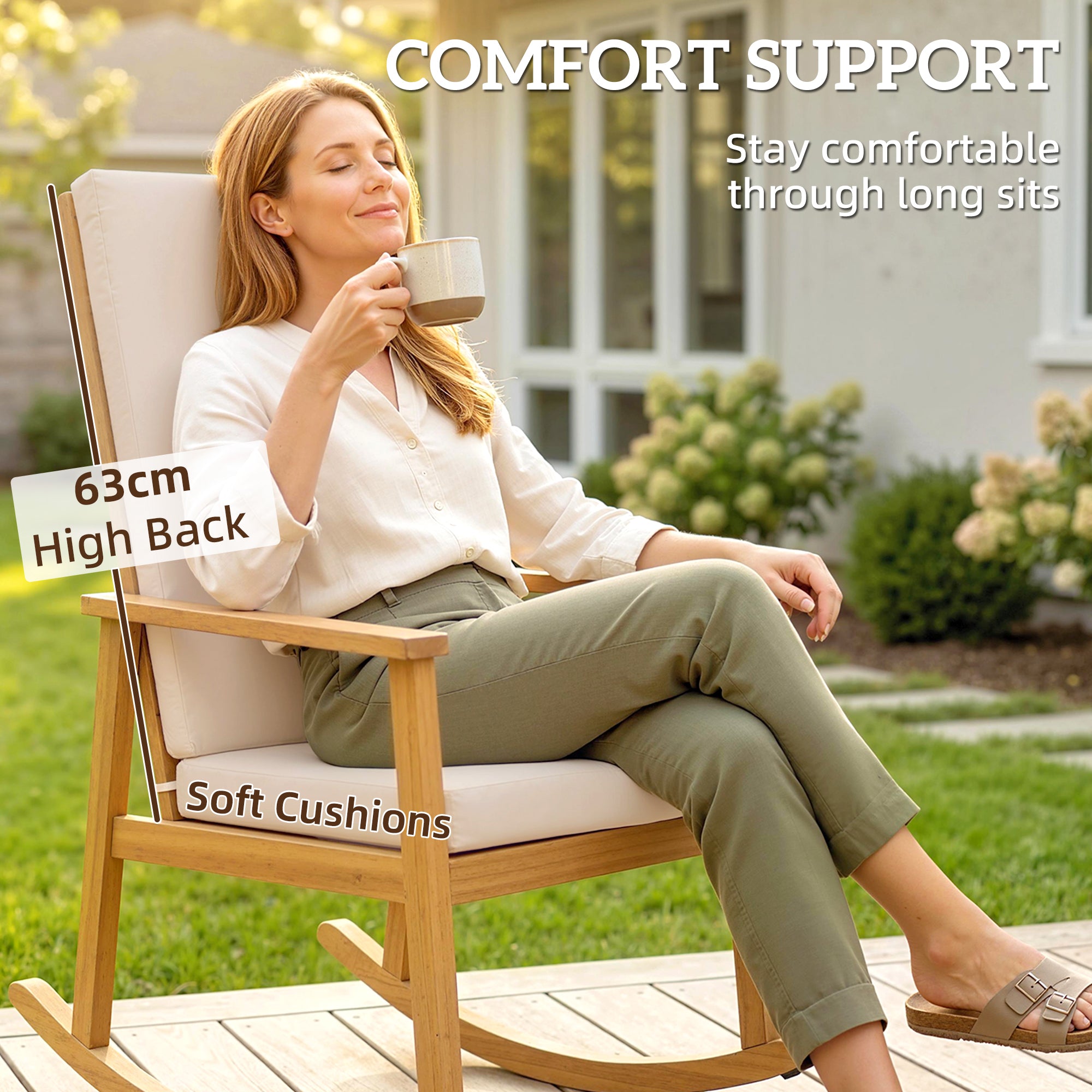 Acacia Wood Rocking Chair with High Back and Cushions — Outdoor Relax Chair for Garden, Balcony & Patio, Supports up to 353 lb, Beige (23.6 x 35.0 x 42.1 in / 60 x 89 x 107 cm)