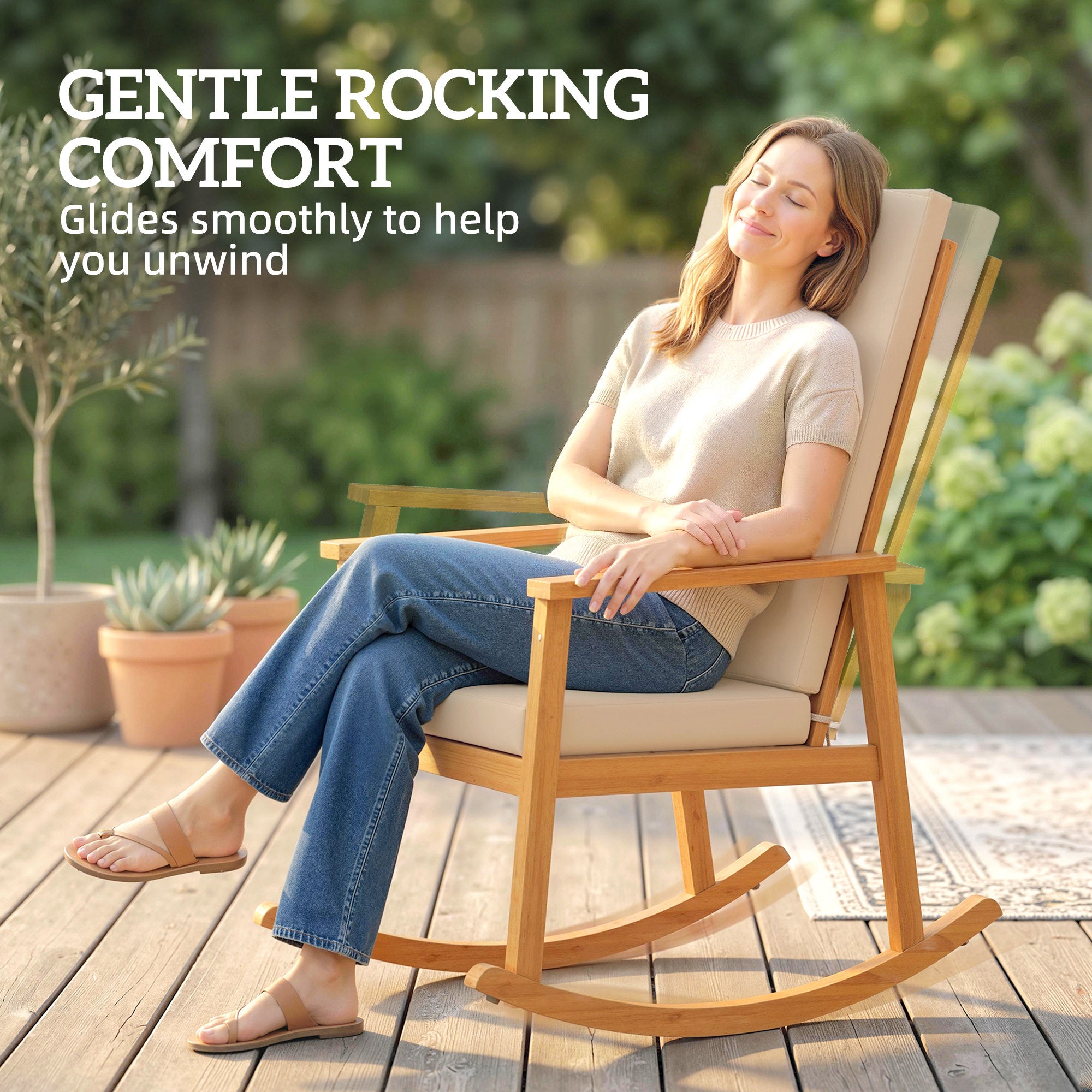 Acacia Wood Rocking Chair with High Back and Cushions — Outdoor Relax Chair for Garden, Balcony & Patio, Supports up to 353 lb, Beige (23.6 x 35.0 x 42.1 in / 60 x 89 x 107 cm)