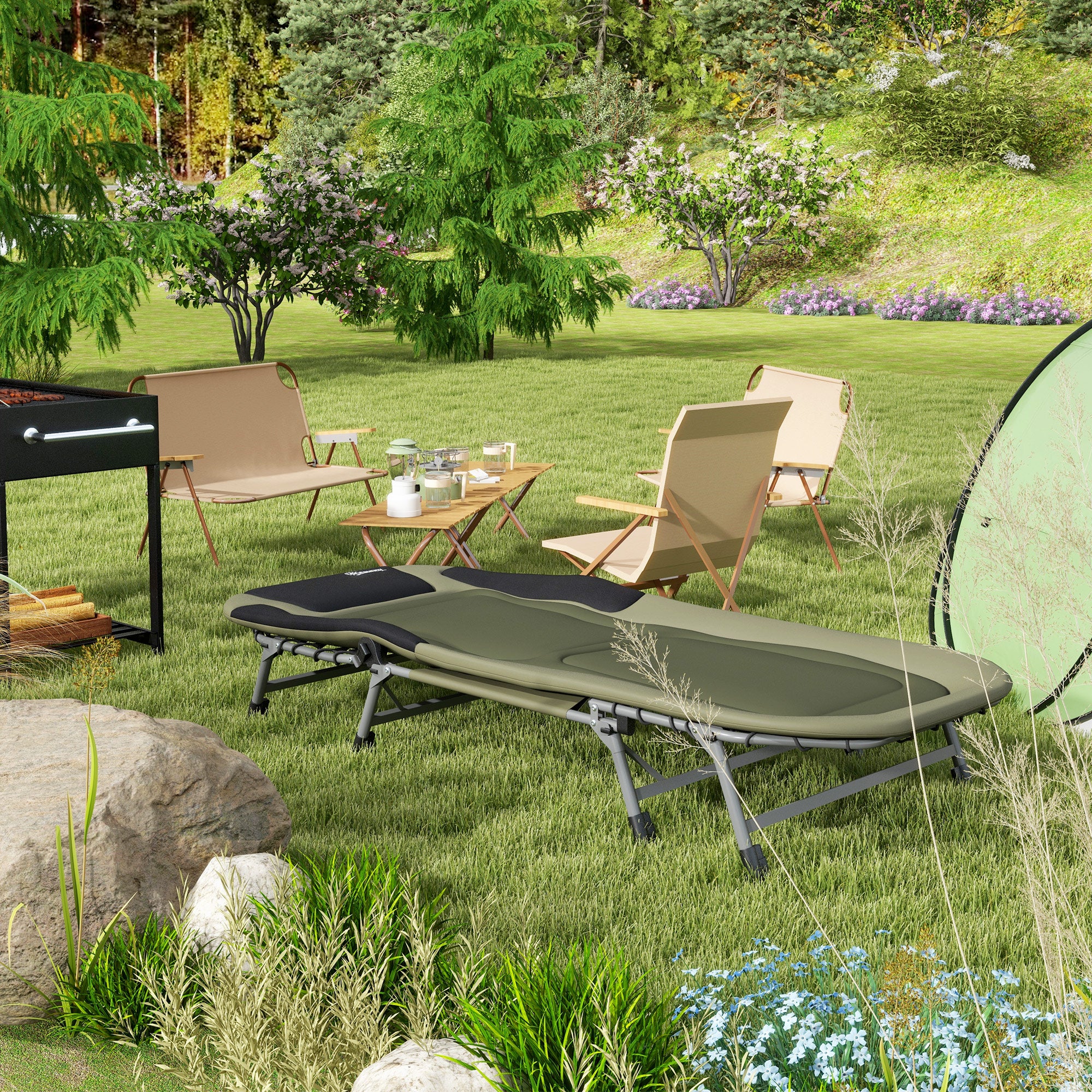 Camping Bed Folding Travel Bed Adjustable Folding Bed up to 180 kg Capacity for Outdoor Oxford Green