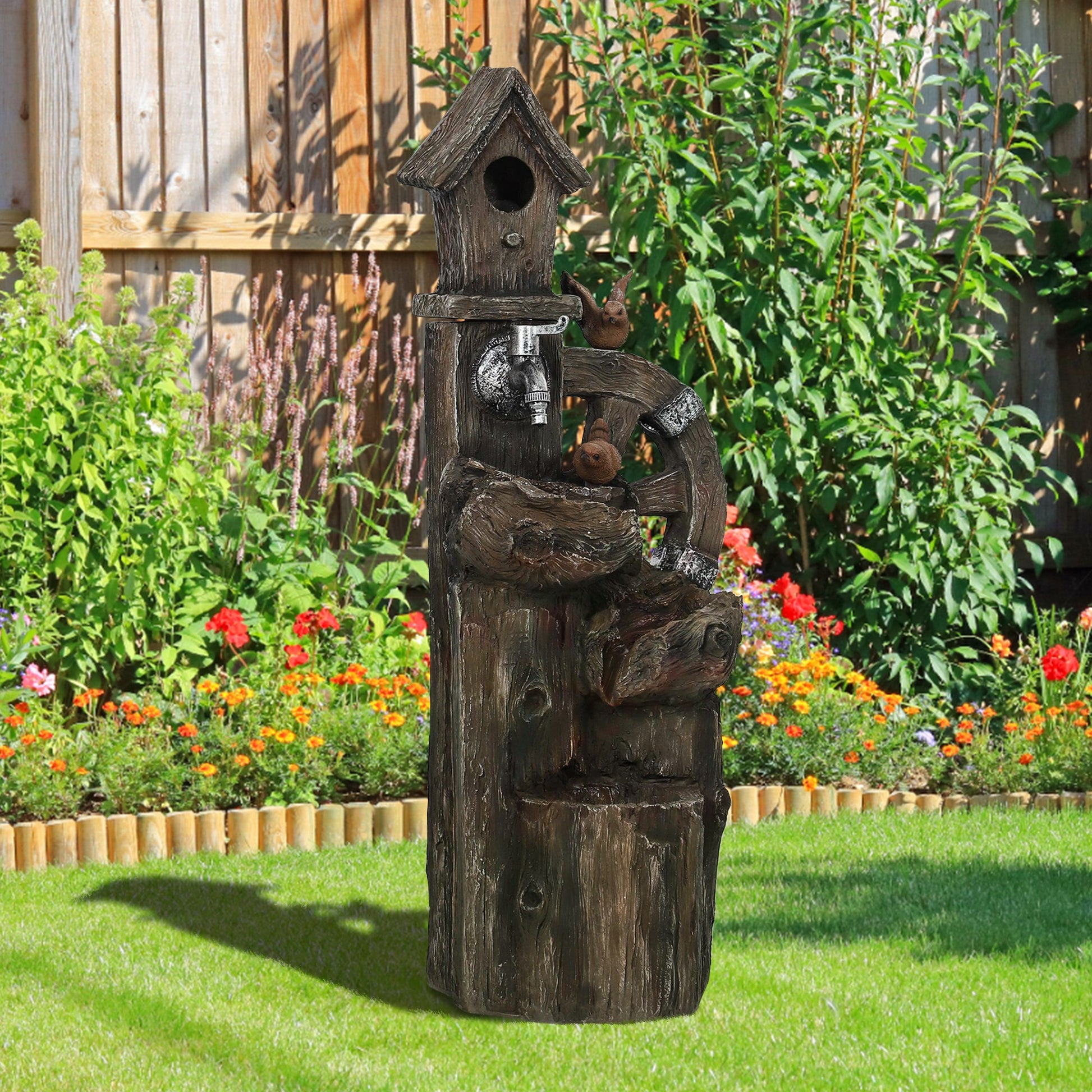 2-in-1 Water Fountain with Birdhouse Garden Fountain with LED Lighting 4-Level Cascading Decorative Fountain for Garden Patio Terrace 34.5x29.5x92 cm Multicolor