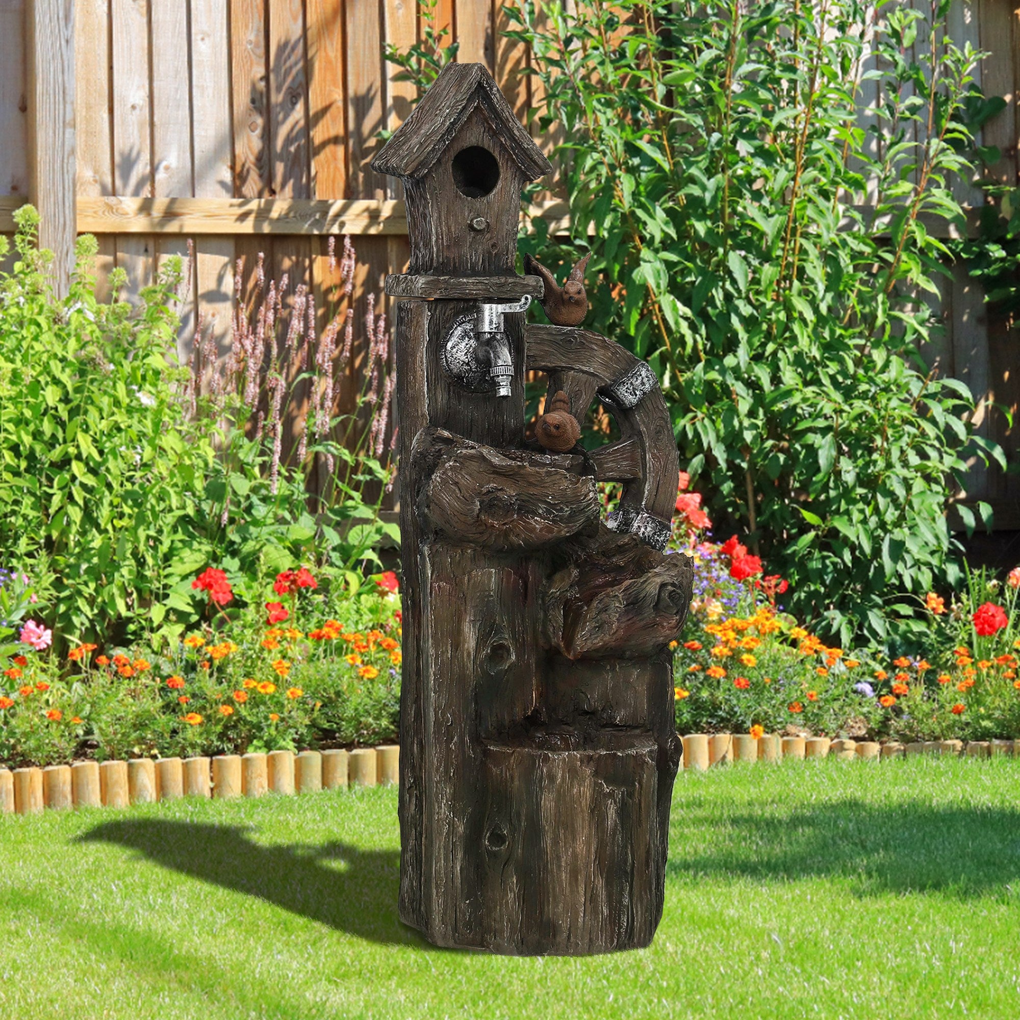 2-in-1 Water Fountain with Birdhouse Garden Fountain with LED Lighting 4-Level Cascading Decorative Fountain for Garden Patio Terrace 34.5x29.5x92 cm Multicolor