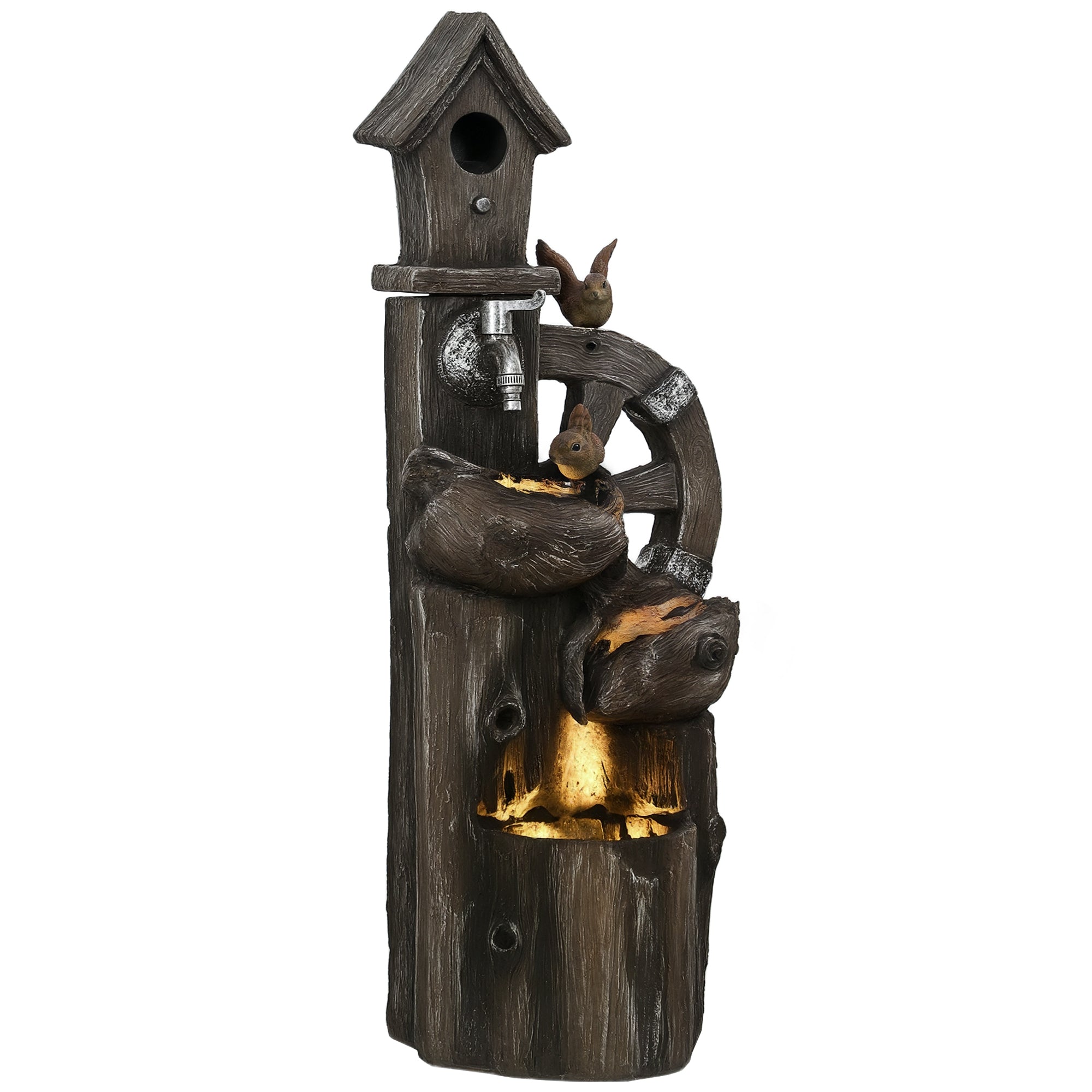 2-in-1 Water Fountain with Birdhouse Garden Fountain with LED Lighting 4-Level Cascading Decorative Fountain for Garden Patio Terrace 34.5x29.5x92 cm Multicolor