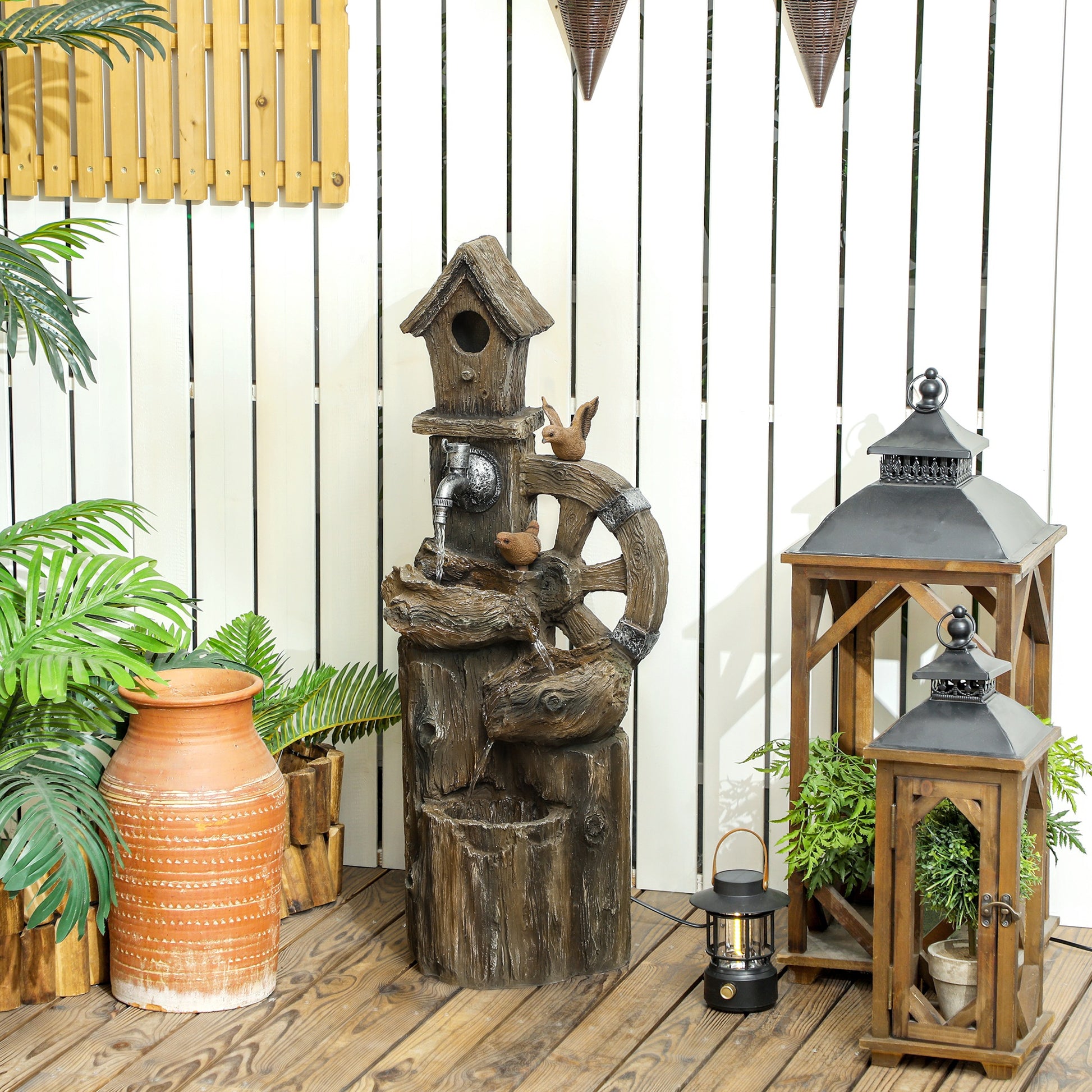 2-in-1 Water Fountain with Birdhouse Garden Fountain with LED Lighting 4-Level Cascading Decorative Fountain for Garden Patio Terrace 34.5x29.5x92 cm Multicolor