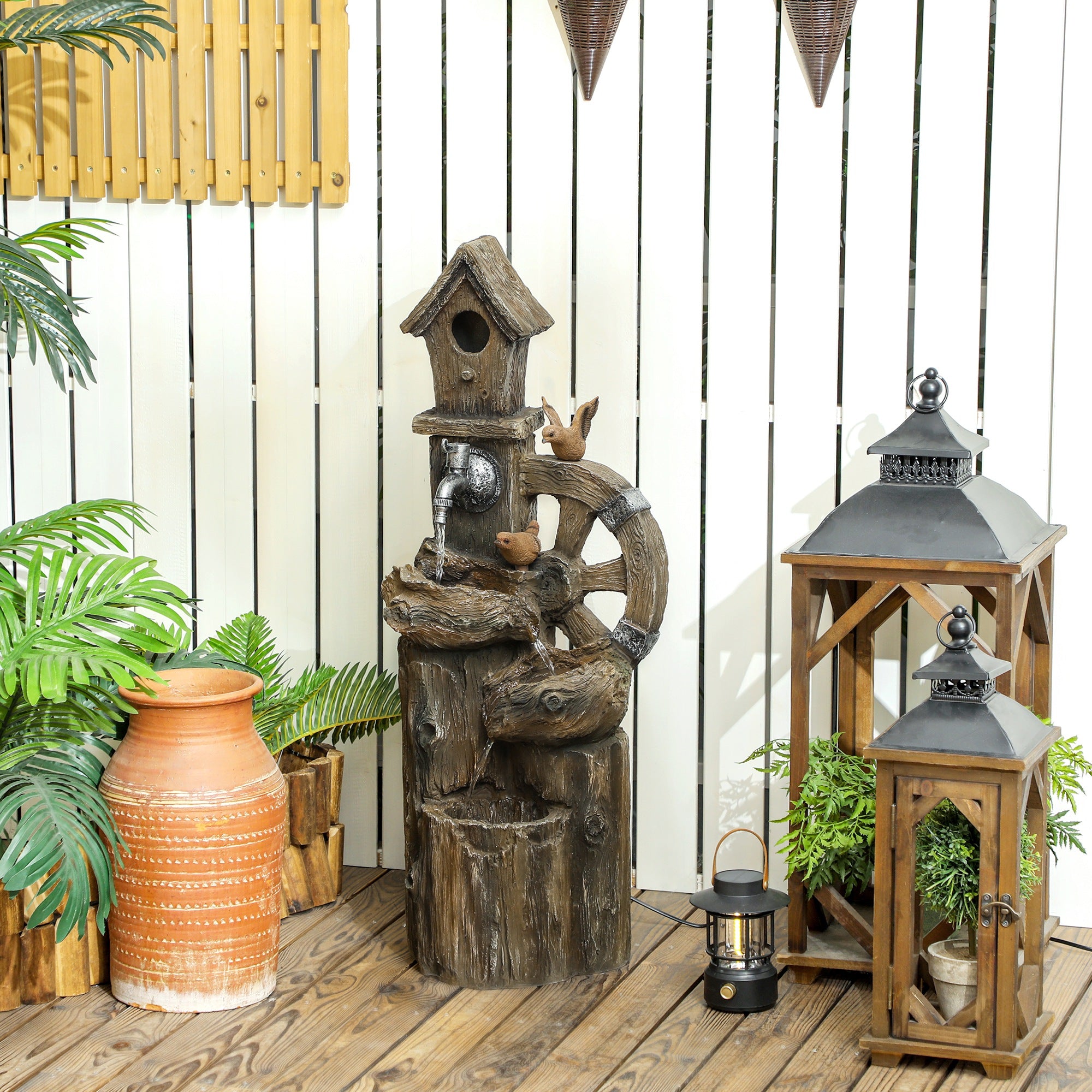 2-in-1 Water Fountain with Birdhouse Garden Fountain with LED Lighting 4-Level Cascading Decorative Fountain for Garden Patio Terrace 34.5x29.5x92 cm Multicolor
