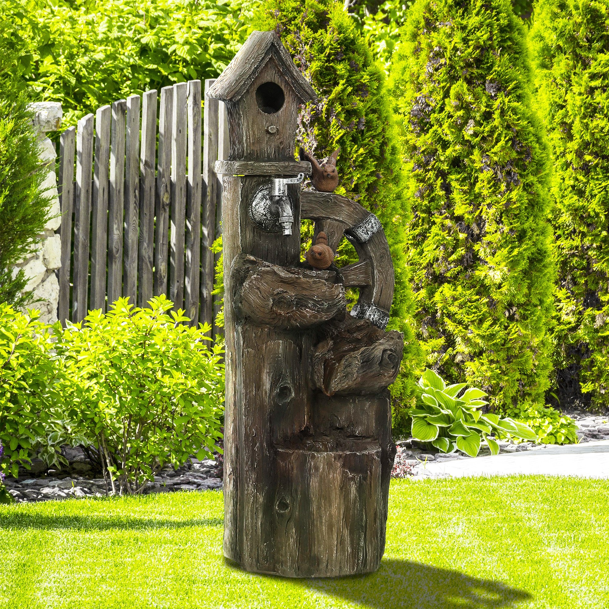 2-in-1 Water Fountain with Birdhouse Garden Fountain with LED Lighting 4-Level Cascading Decorative Fountain for Garden Patio Terrace 34.5x29.5x92 cm Multicolor