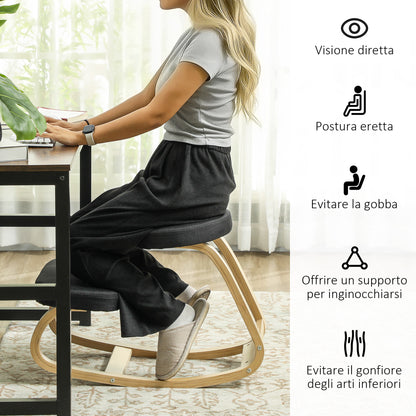 Ergonomic Rocking Kneeling Chair in Linen Effect Fabric and Birch Wood, 50x73x55 cm, Black