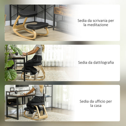 Ergonomic Rocking Kneeling Chair in Linen Effect Fabric and Birch Wood, 50x73x55 cm, Black