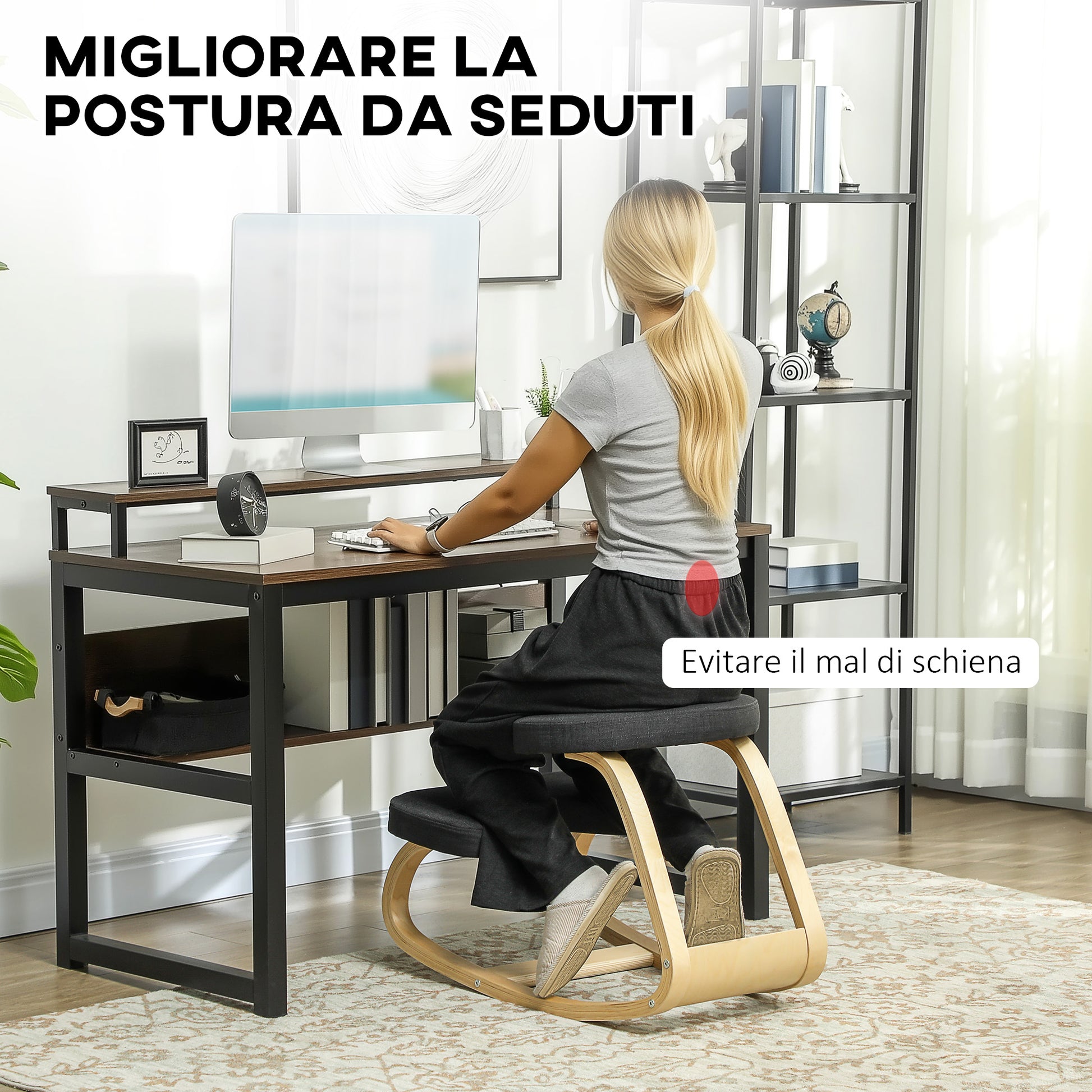 Ergonomic Rocking Kneeling Chair in Linen Effect Fabric and Birch Wood, 50x73x55 cm, Black