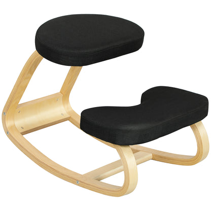 Ergonomic Rocking Kneeling Chair in Linen Effect Fabric and Birch Wood, 50x73x55 cm, Black
