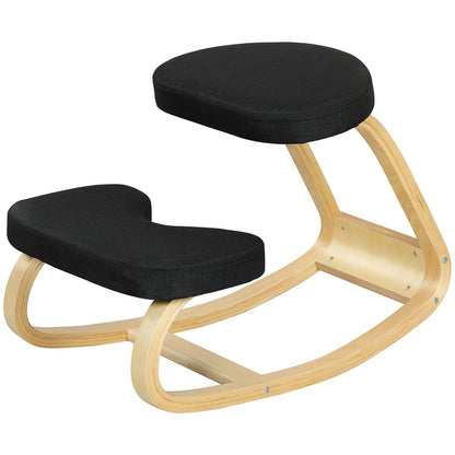 Ergonomic Rocking Kneeling Chair in Linen Effect Fabric and Birch Wood, 50x73x55 cm, Black