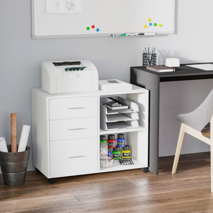 Printer Stand Printer Table with 3 Drawers Adjustable Shelf Wheels Large Storage Capacity 80x40x65 cm White