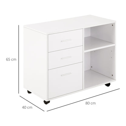 Printer Stand Printer Table with 3 Drawers Adjustable Shelf Wheels Large Storage Capacity 80x40x65 cm White