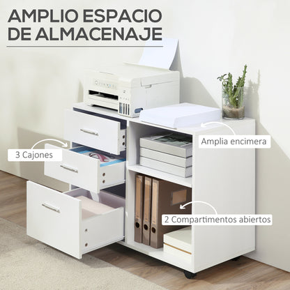 Printer Stand Printer Table with 3 Drawers Adjustable Shelf Wheels Large Storage Capacity 80x40x65 cm White