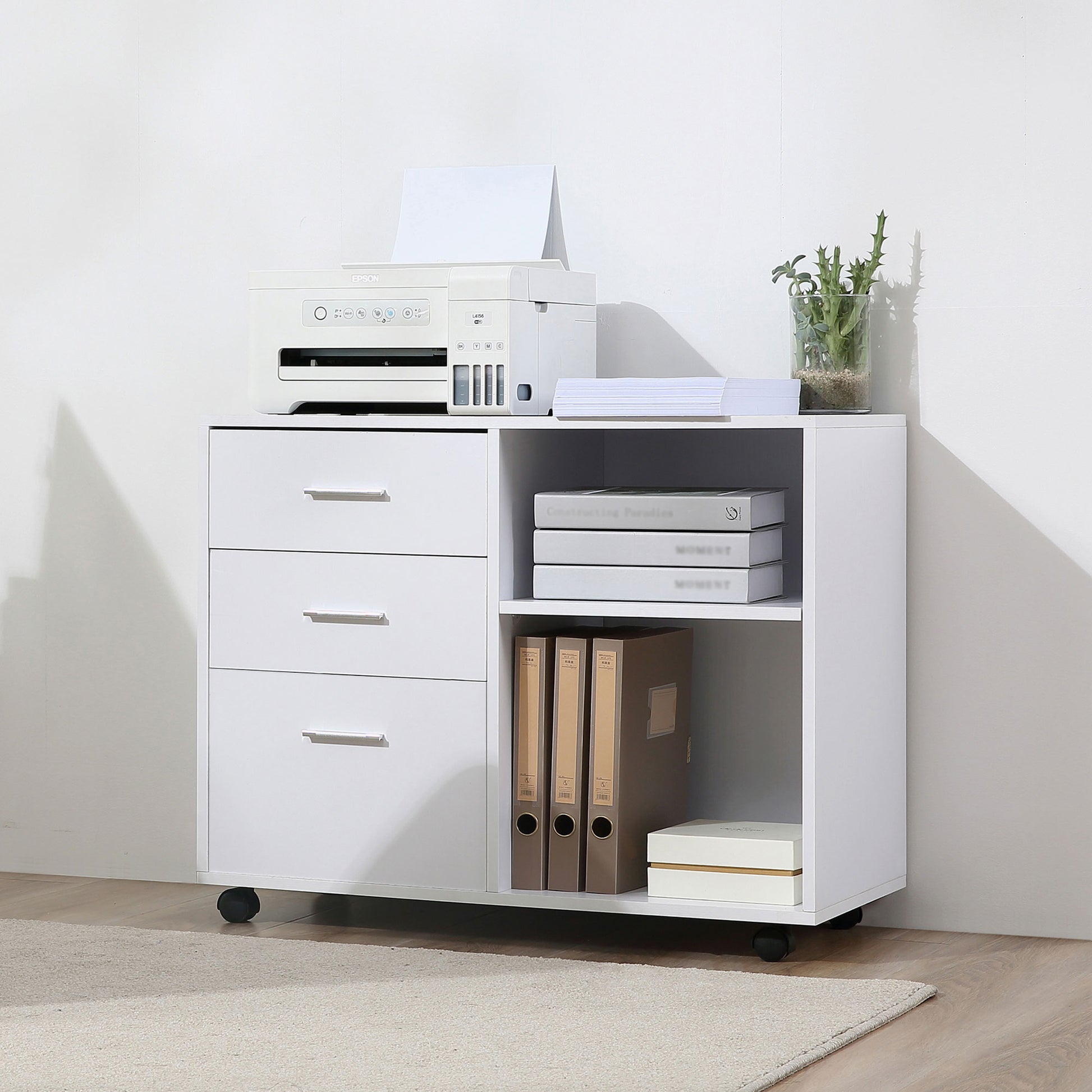 Printer Stand Printer Table with 3 Drawers Adjustable Shelf Wheels Large Storage Capacity 80x40x65 cm White