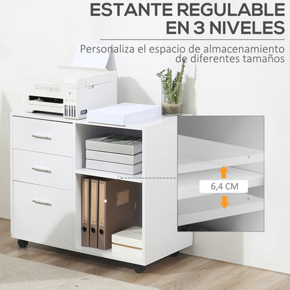 Printer Stand Printer Table with 3 Drawers Adjustable Shelf Wheels Large Storage Capacity 80x40x65 cm White