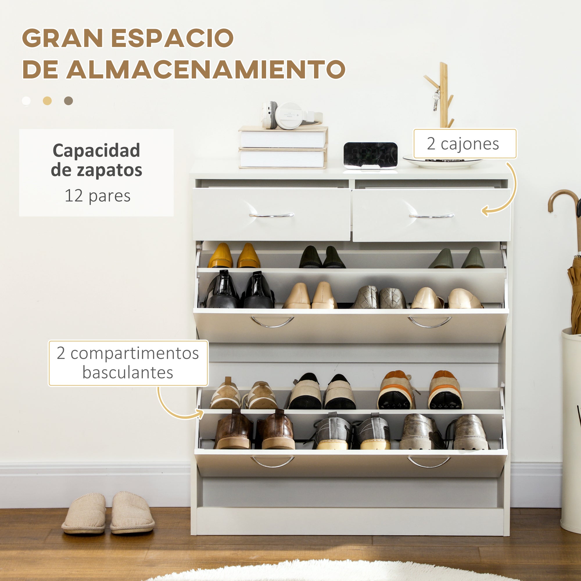 Narrow Shoe Cabinet Shoe Rack for Entryway with 2 Flip-Down Drawers and 2 Removable Drawers for 12 Pairs of Shoes for Hallway 80x30x91.5 cm White