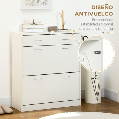 Narrow Shoe Cabinet Shoe Rack for Entryway with 2 Flip-Down Drawers and 2 Removable Drawers for 12 Pairs of Shoes for Hallway 80x30x91.5 cm White