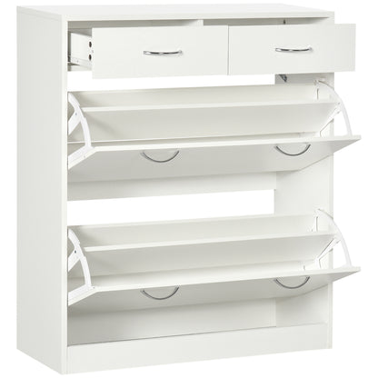 Narrow Shoe Cabinet Shoe Rack for Entryway with 2 Flip-Down Drawers and 2 Removable Drawers for 12 Pairs of Shoes for Hallway 80x30x91.5 cm White
