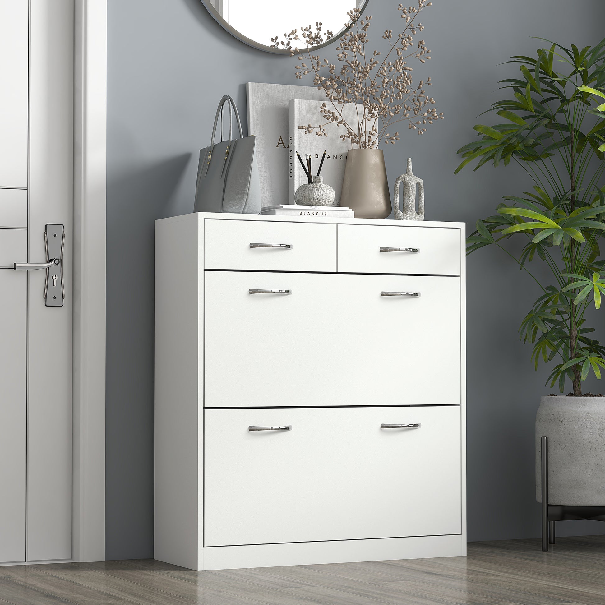 Narrow Shoe Cabinet Shoe Rack for Entryway with 2 Flip-Down Drawers and 2 Removable Drawers for 12 Pairs of Shoes for Hallway 80x30x91.5 cm White