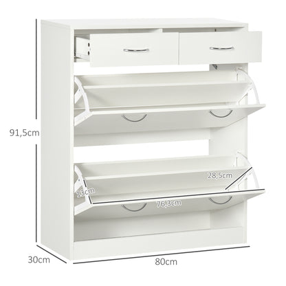Narrow Shoe Cabinet Shoe Rack for Entryway with 2 Flip-Down Drawers and 2 Removable Drawers for 12 Pairs of Shoes for Hallway 80x30x91.5 cm White